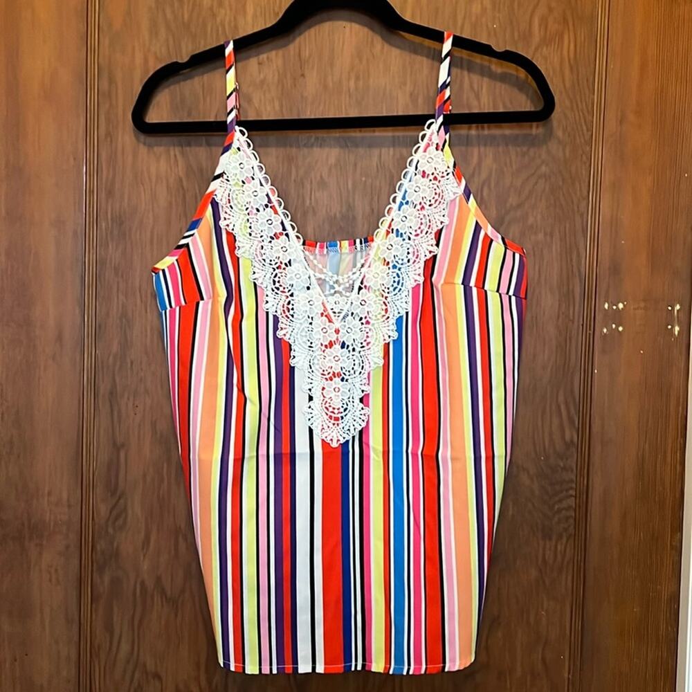 EUC SHEIN Candy Striped‎ Lace Cami Tank XL